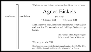 Todesanzeige von Agnes Eickels von Rheinische Post