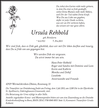 Todesanzeige von Ursula Rehbold von Rheinische Post