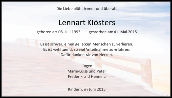 Todesanzeige von Lennart Klösters von Rheinische Post