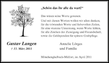 Todesanzeige von Gustav Langen von Rheinische Post