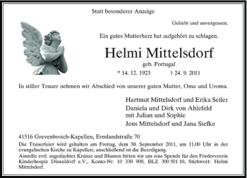 Todesanzeige von Mittelsdorf Helmi von Rheinische Post