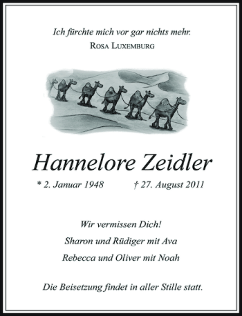 Todesanzeige von Zeidler Hannelore von Rheinische Post