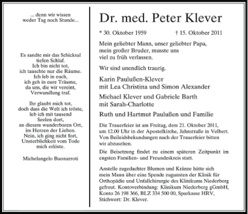 Todesanzeige von Klever Dr. med. Peter von Rheinische Post
