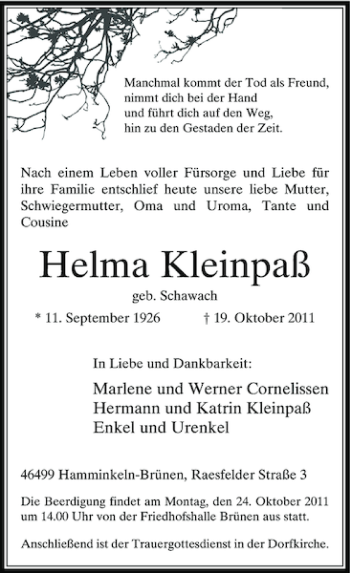 Todesanzeige von Kleinpaß Helma von Rheinische Post