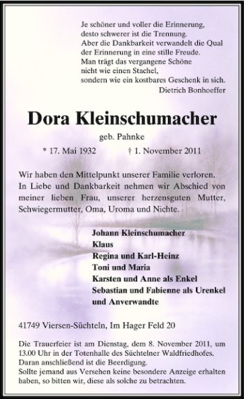 Todesanzeige von Kleinschumacher Dora von Rheinische Post