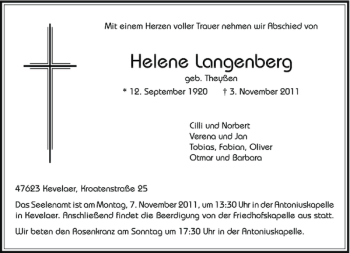 Todesanzeige von Langenberg Helene von Rheinische Post