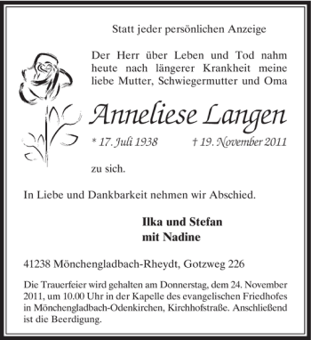 Todesanzeige von Anneliese Langen von Rheinische Post