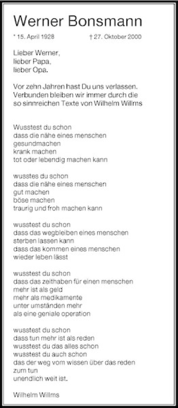 Todesanzeige von Werner Bonsmann von Rheinische Post
