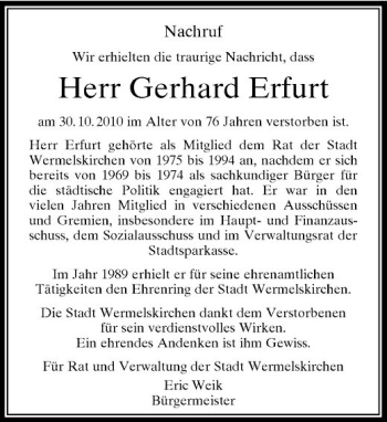 Todesanzeige von Herr Gerhard Erfurt von Rheinische Post