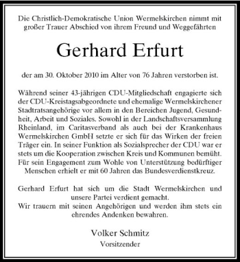 Todesanzeige von Gerhard Erfurt von Rheinische Post