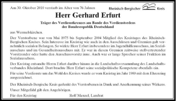 Todesanzeige von Herr Gerhard Erfurt von Rheinische Post