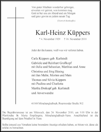 Todesanzeige von Küppers  von Rheinische Post