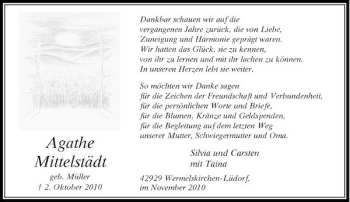 Todesanzeige von Agathe Mittelstädt von Rheinische Post