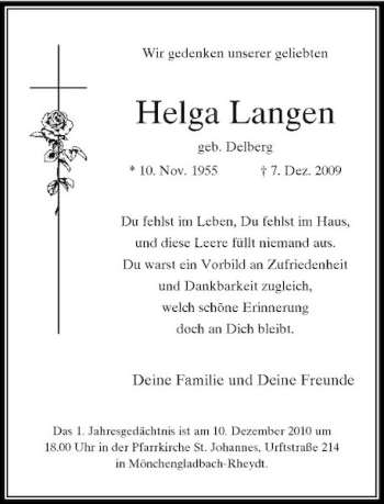Todesanzeige von Helga Langen von Rheinische Post