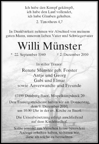 Todesanzeige von Willi Münster von Rheinische Post