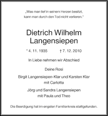 Todesanzeige von Dietrich Wilhelm Langensiepen von Rheinische Post