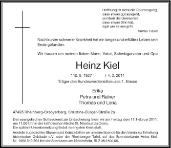 Todesanzeige von Heinz Kiel von Rheinische Post