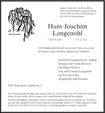 Todesanzeige von Hans Joachim Langenohl von Rheinische Post