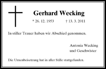 Todesanzeige von Wecking Gerhard von Rheinische Post