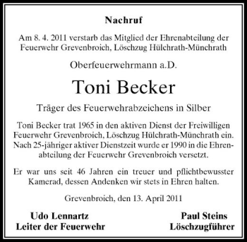Todesanzeige von Nachruf Am 8. 4. 2011 verstarb das Mitglied der Ehrenabteilung der Feuerwehr Grevenbroich Löschzug Hülchrath-Münchrath Oberfeuerwehrmann a.D. von Rheinische Post