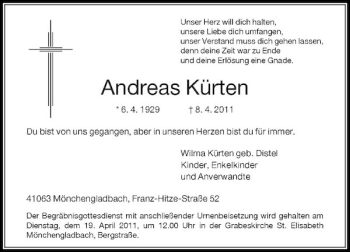 Todesanzeige von Andreas Kürten von Rheinische Post