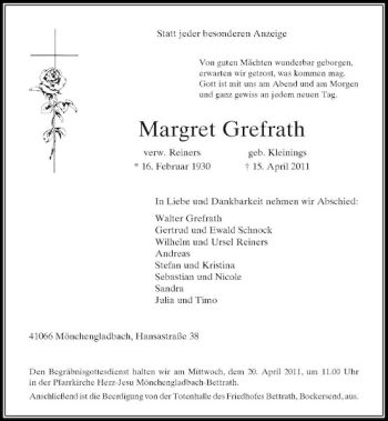 Todesanzeige von Margret Grefrath von Rheinische Post