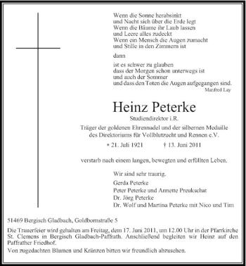 Todesanzeige von Peterke Heinz von Rheinische Post