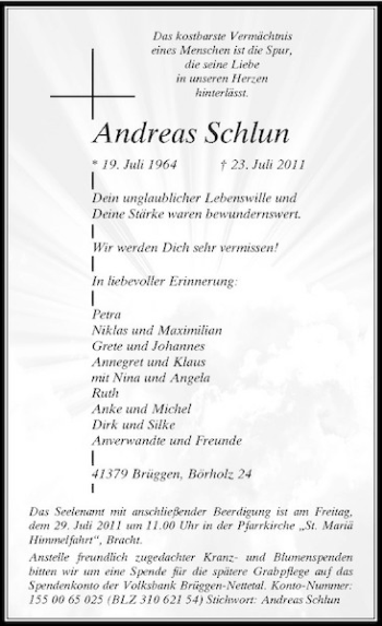 Todesanzeige von Andreas Schlun von Rheinische Post