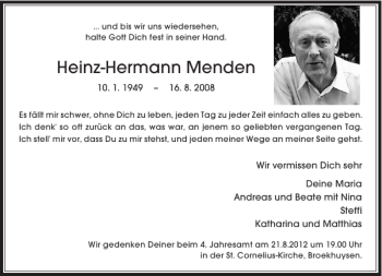 Todesanzeige von Heinz-Hermann Menden von Rheinische Post