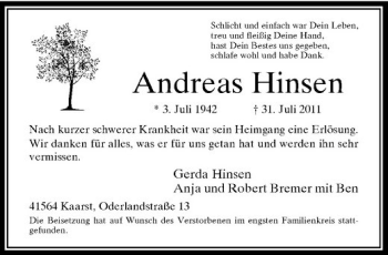 Todesanzeige von Andreas Hinsen von Rheinische Post