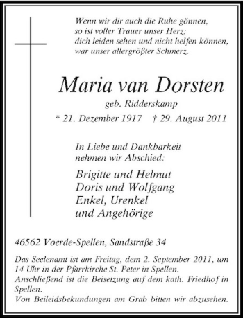 Todesanzeige von Maria van Dorsten von Rheinische Post