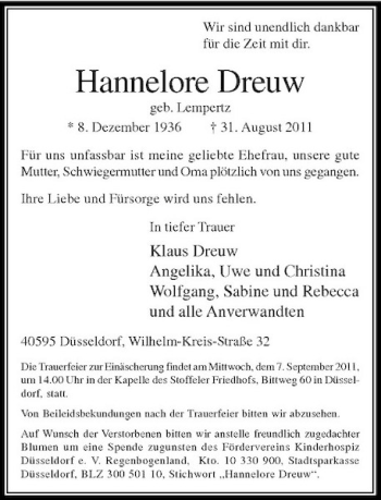 Todesanzeige von Dreuw Hannelore von Rheinische Post