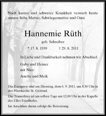Todesanzeige von Rüth Hannemie von Rheinische Post