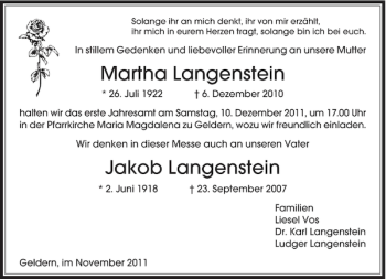 Todesanzeige von Martha Langenstein Jakob Langenstein von Rheinische Post