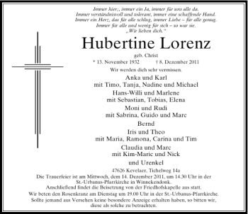 Todesanzeige von Lorenz Hubertine von Rheinische Post
