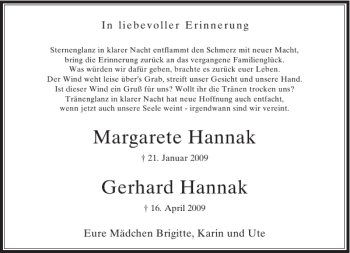 Todesanzeige von Margarete Hannak Gerhard Hannak von Rheinische Post