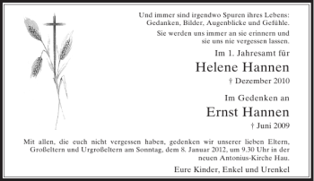 Todesanzeige von Helene Hannen Ernst Hannen von Rheinische Post