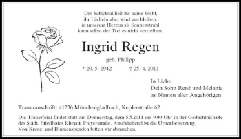 Todesanzeige von Ingrid Regen von Rheinische Post