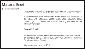 Todesanzeige von Marianne Erfurt von Rheinische Post