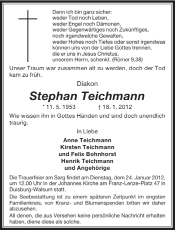 Todesanzeige von Stephan Teichmann von Rheinische Post