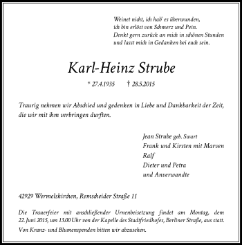 Todesanzeige von Karl-Heinz Strube von Rheinische Post