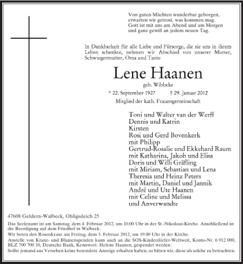 Todesanzeige von Geldern-Walbeck Ohligsdeich von Rheinische Post