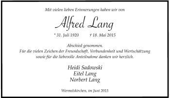 Todesanzeige von Alfred Lang von Rheinische Post