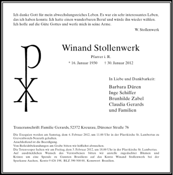 Todesanzeige von Stollenwerk Wienand von Rheinische Post