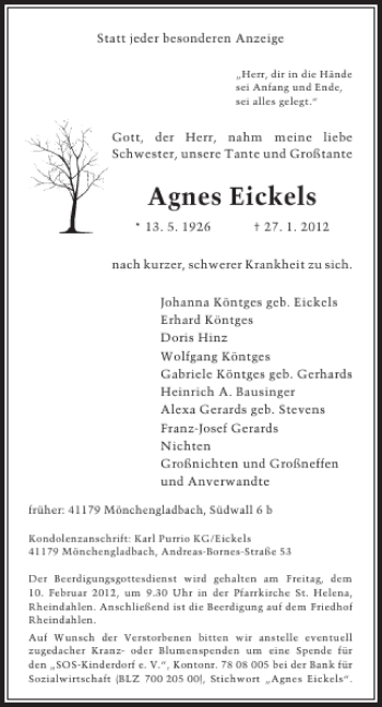 Todesanzeige von Agnes Eickels von Rheinische Post