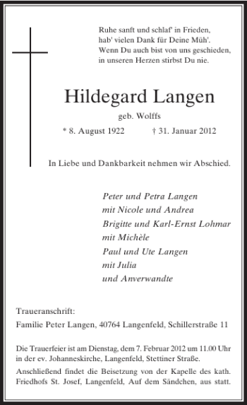 Todesanzeige von Hildegard Langen von Rheinische Post