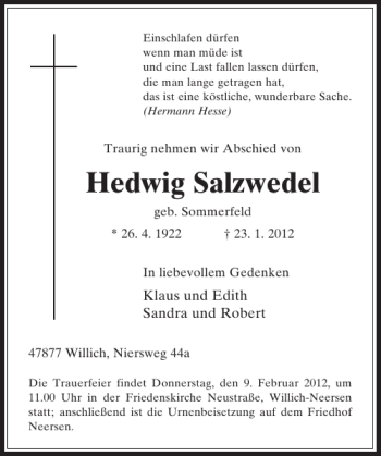 Todesanzeige von Hedwig Salzwedel von Rheinische Post
