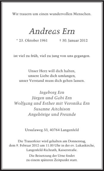 Todesanzeige von Andreas Ern von Rheinische Post