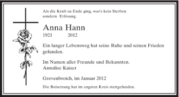 Todesanzeige von Anna Hann von Rheinische Post