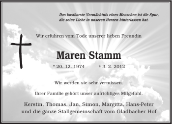 Todesanzeige von Maren Stamm von Rheinische Post